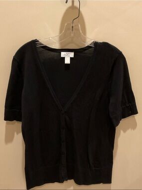 Ann Taylor LOFT Black Short-Sleeve Button-Front Cardigan Pima